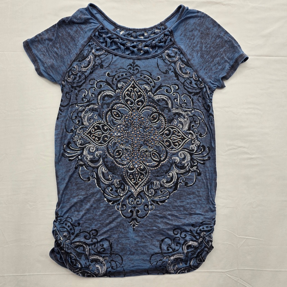 Maurices Y2K Blue Burnout Rhinestone Graphic Top Small Whimsygoth Fairy Grunge